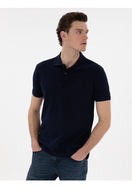 Erkek Lacivert Slim Fit Kıvrılmaz Polo Yaka Basic Tişört 50302561-VR033
