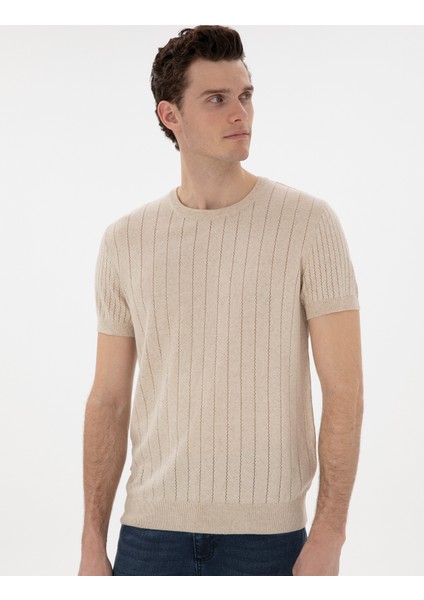 Erkek Bej Keten Karışımlı Regular Fit Bisiklet Yaka Triko Tişört 50305992-VR011 modelleri
