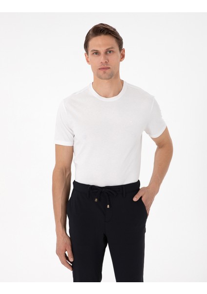 Erkek Ekru %100 Pamuk Slim Fit Bisiklet Yaka Basic Tişört 50306980-VR019