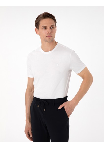 Erkek Ekru %100 Pamuk Slim Fit Bisiklet Yaka Basic Tişört 50306980-VR019