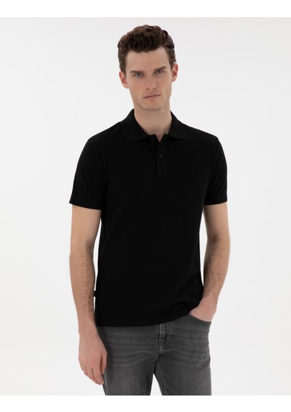 Erkek Siyah Slim Fit Kıvrılmaz Polo Yaka Basic Tişört 50302561-VR046