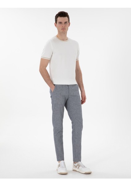 Erkek Lacivert Slim Fit Keten Karışımlı Çizgili Kanvas Pantolon 50301778-VR033