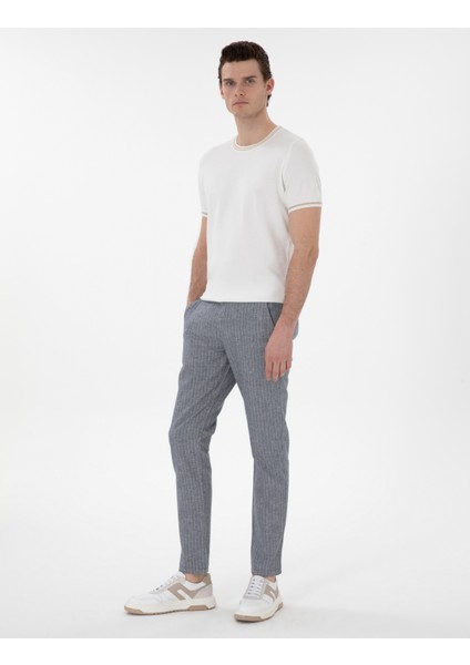 Erkek Lacivert Slim Fit Keten Karışımlı Çizgili Kanvas Pantolon 50301778-VR033 modelleri