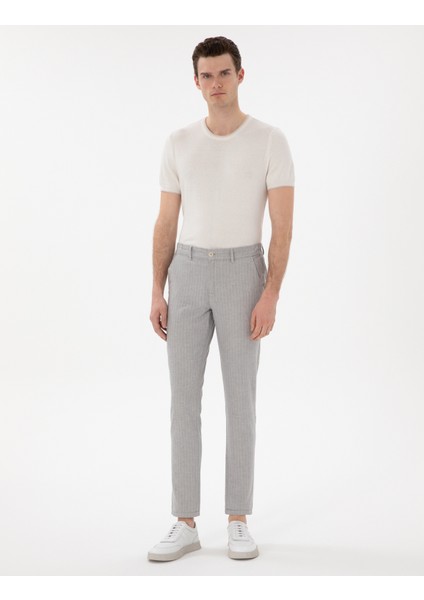 Erkek Gri Slim Fit Keten Karışımlı Çizgili Kanvas Pantolon 50301778-VR024