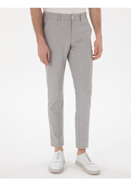 Erkek Gri Slim Fit Keten Karışımlı Çizgili Kanvas Pantolon 50301778-VR024 fiyatları