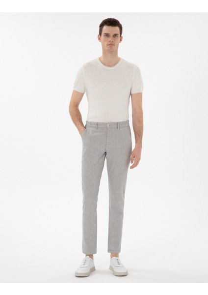 Erkek Gri Slim Fit Keten Karışımlı Çizgili Kanvas Pantolon 50301778-VR024 modelleri