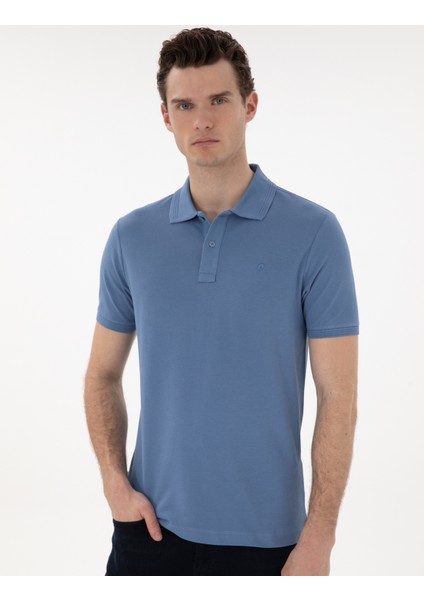 Erkek Mavi Slim Fit Kıvrılmaz Polo Yaka Basic Tişört 50302561-VR036