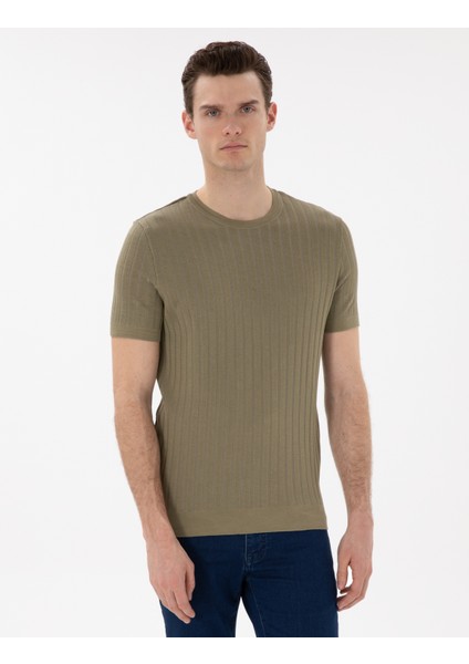 Erkek Haki Slim Fit Bisiklet Yaka Triko Tişört 50305991-VR027