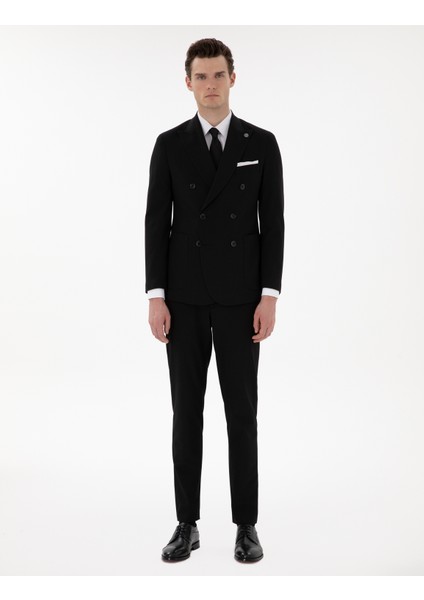 Erkek Siyah Ex. Slim Fit Kruvaze Çizgili Takım Elbise 50306672-VR046