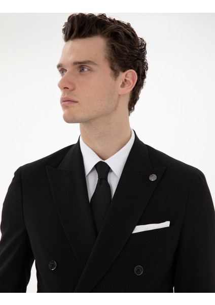 Erkek Siyah Ex. Slim Fit Kruvaze Çizgili Takım Elbise 50306672-VR046 fiyatları