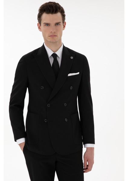 Erkek Siyah Ex. Slim Fit Kruvaze Çizgili Takım Elbise 50306672-VR046 modelleri