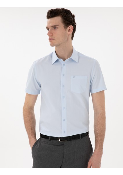 Erkek Açık Mavi Basic Regular Fit Kısa Kollu Cepli Gömlek 50303010-VR003