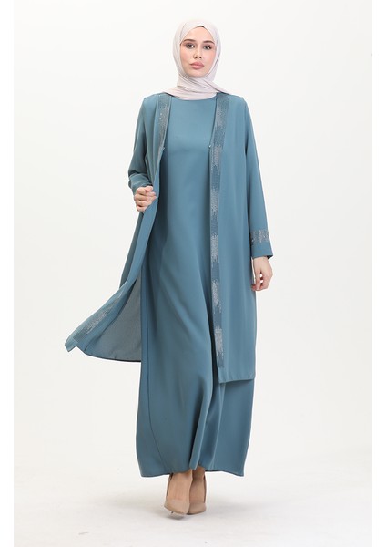 Büyük Beden Elbise Yelek Ikili Takım 6140-02 Su Yeşili