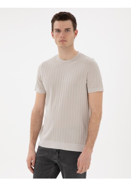 Erkek Bej Slim Fit Bisiklet Yaka Triko Tişört 50305991-VR011