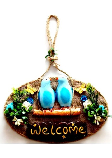Mavi Kuşlu Çiçekli Welcome Yazılı Kapı Süsü