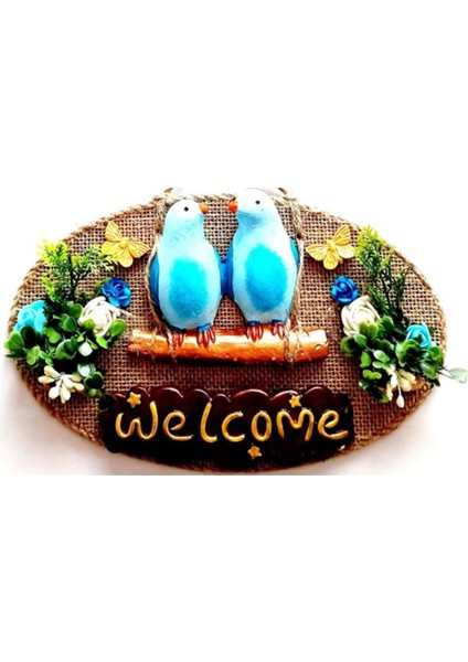 Mavi Kuşlu Çiçekli Welcome Yazılı Kapı Süsü