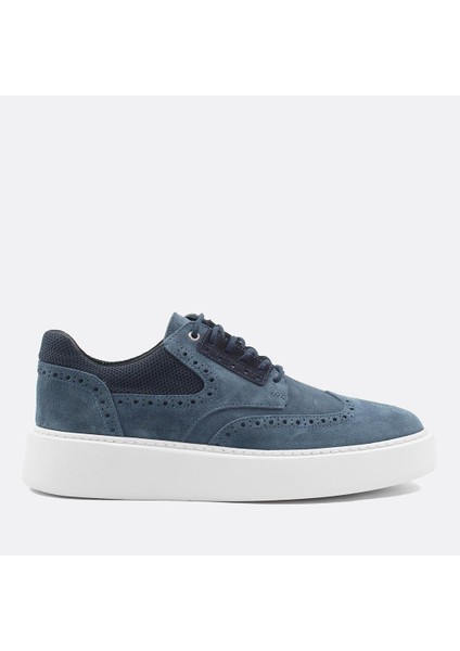 Erkek Mavi Bağcıklı Kalın Tabanlı Süet Deri Sneaker
