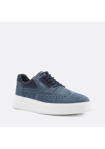 Erkek Mavi Bağcıklı Kalın Tabanlı Süet Deri Sneaker