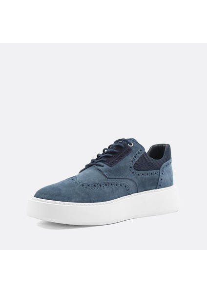 Erkek Mavi Bağcıklı Kalın Tabanlı Süet Deri Sneaker