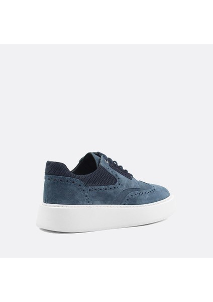 Erkek Mavi Bağcıklı Kalın Tabanlı Süet Deri Sneaker