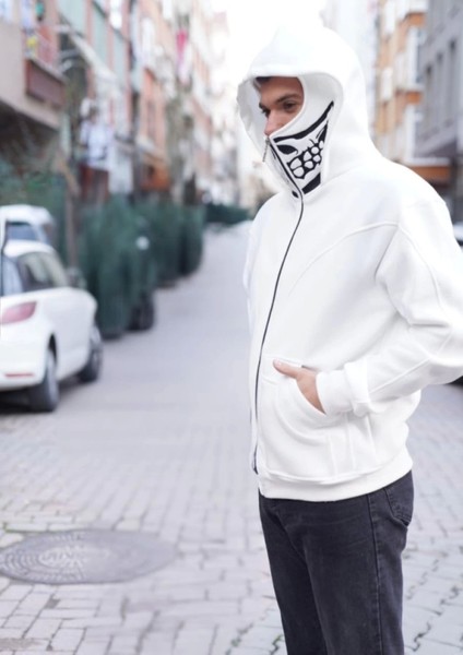 Samuray Kapşonlu Zıp Fermuarlı Çift Kapşonlu Nakışlı Sweatshirt