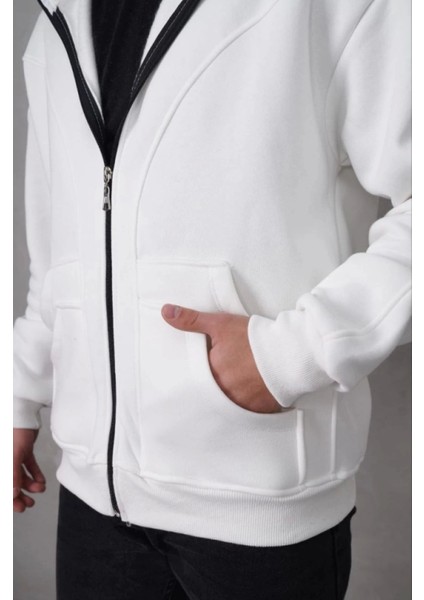 Samuray Kapşonlu Zıp Fermuarlı Çift Kapşonlu Nakışlı Sweatshirt