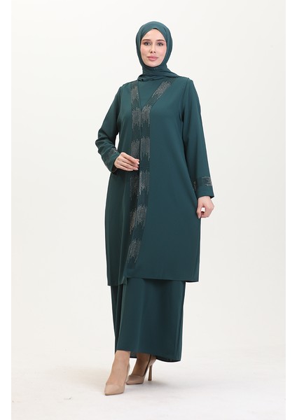 Büyük Beden Elbise Yelek Ikili Takım 6140-07 Zümrüt Yeşili