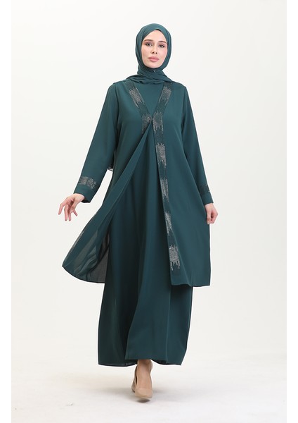 Büyük Beden Elbise Yelek Ikili Takım 6140-07 Zümrüt Yeşili fiyatları