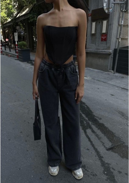 Arkadan Yırtmaçlı Jeans Kot Palazzo Pantolon
