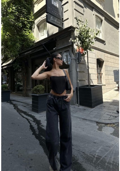 Arkadan Yırtmaçlı Jeans Kot Palazzo Pantolon