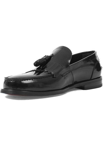 Erkek Siyah Püsküllü Açma Deri Loafer