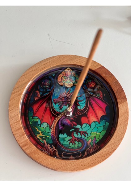 Ahşap Üzerine Epoksi Mandala Desenli Yuvarlak Tütsülük -12 cm Çap- Ejderha/dragon fiyatları