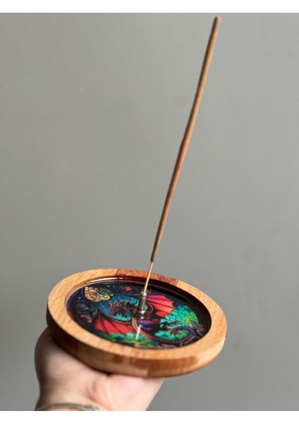 Ahşap Üzerine Epoksi Mandala Desenli Yuvarlak Tütsülük -12 cm Çap- Ejderha/dragon modelleri