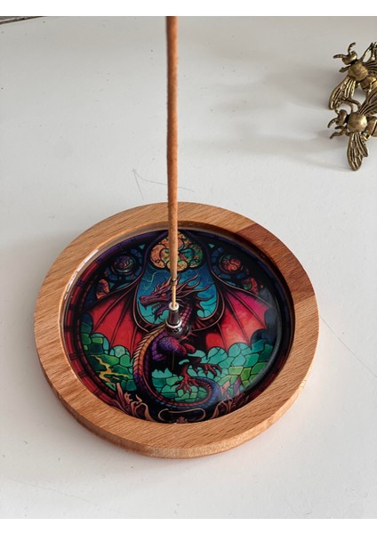 Ahşap Üzerine Epoksi Mandala Desenli Yuvarlak Tütsülük -12 cm Çap- Ejderha/dragon fırsatları
