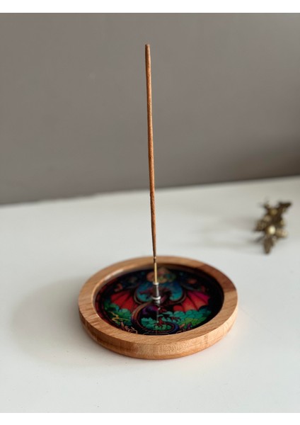 Ahşap Üzerine Epoksi Mandala Desenli Yuvarlak Tütsülük -12 cm Çap- Ejderha/dragon indirimleri