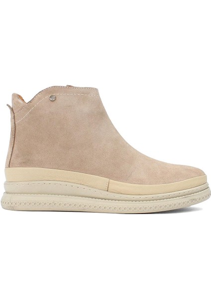 Kadın Bej Fermuarlı Dolgu Topuklu Süet Deri Bot