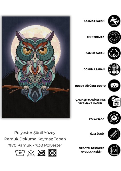 Baykuş Desenli Halı Dijital Baskılı Dolunay Desenli Halı Doğa Desenli Dokuma Tabanlı Kaymaz Halı Oturma Odası Halısı modelleri