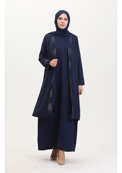 Büyük Beden Elbise Yelek Ikili Takım 6140-08 Lacivert