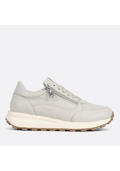 Kadın Bej Bağcıklı Fermuarlı Deri Sneaker