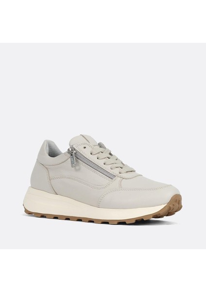Kadın Bej Bağcıklı Fermuarlı Deri Sneaker