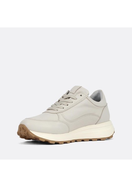 Kadın Bej Bağcıklı Fermuarlı Deri Sneaker