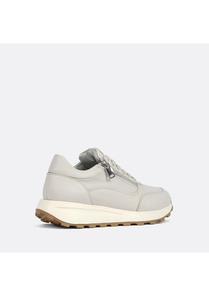 Kadın Bej Bağcıklı Fermuarlı Deri Sneaker