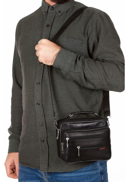 Şık Siyah Hakiki Deri Orta Boy El ve Omuz Çantası