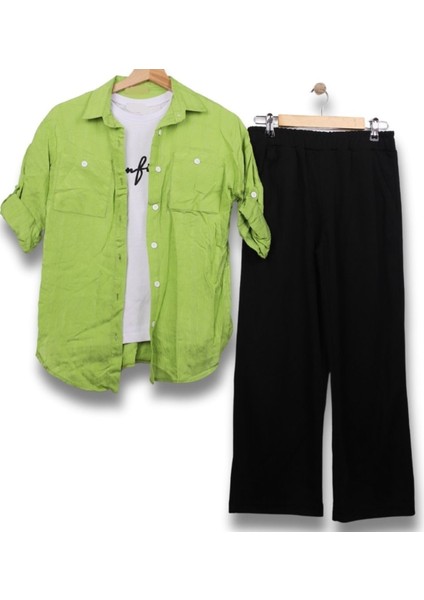 Kız Çocuk Confidence Yazılı Gömlek Pantolon Fıstık Yeşili Üçlü Takım