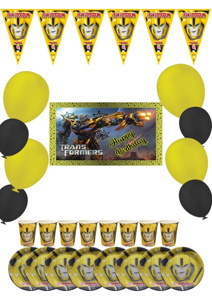Transformers Bumblebee Bayraklı ve Afişli 8 Kişilik Doğum Günü Parti Malzemeleri Süsleri Seti