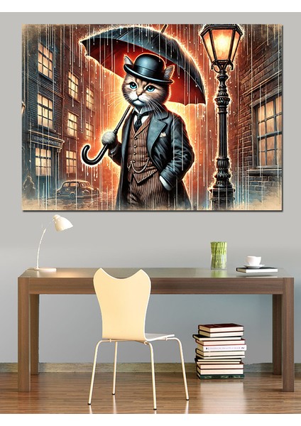 Sokak Lambası Altında Kedi Dekoratif Kanvas - Mdf Ahşap Tablo