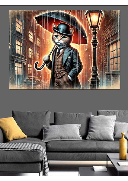 Sokak Lambası Altında Kedi Dekoratif Kanvas - Mdf Ahşap Tablo fiyatları
