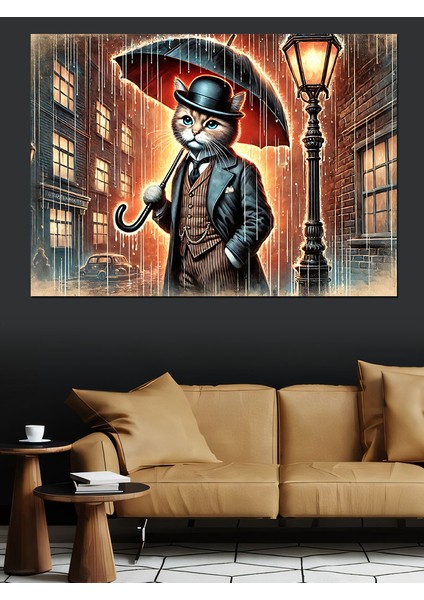 Sokak Lambası Altında Kedi Dekoratif Kanvas - Mdf Ahşap Tablo modelleri