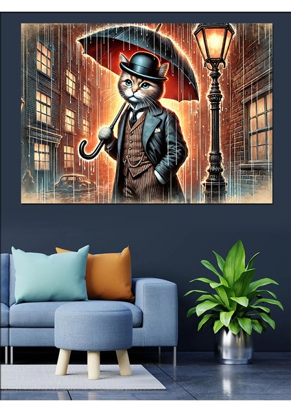 Sokak Lambası Altında Kedi Dekoratif Kanvas - Mdf Ahşap Tablo fırsatları