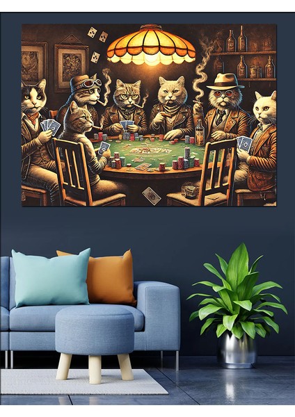 Kedili Poker Masası Dekoratif Kanvas - Mdf Ahşap Tablo